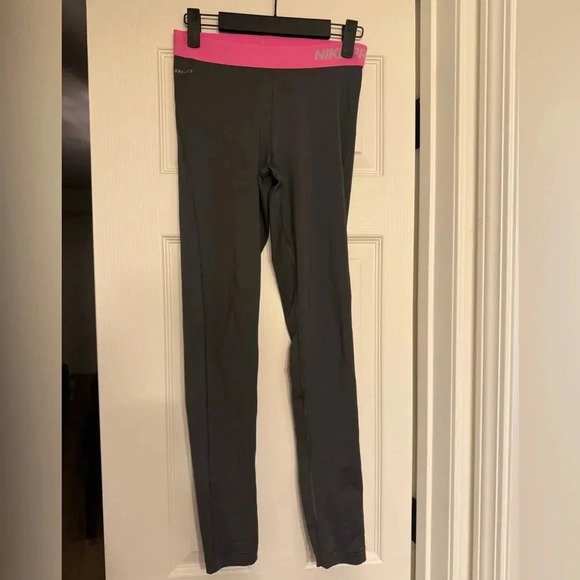 Nike Pro Womens Medium Leggings Gray Pink Waist Band - Picture 2 of 6